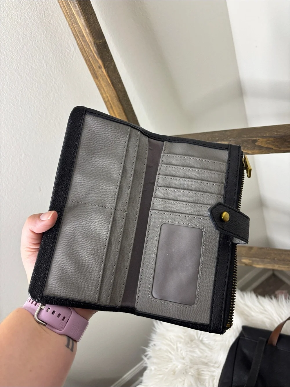 Fossil Black Leather Backpack and Wallet Set with Brown Accent